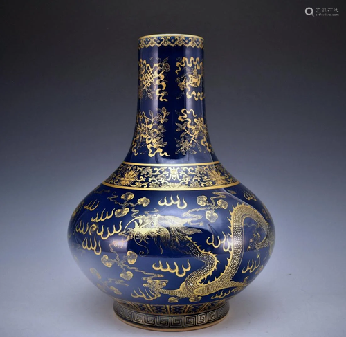 A Chinese blue-glazed gilt dragon vase