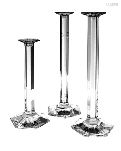 Baccarat Set of 3 Crystal Pillar Candlesticks Hexagon 2