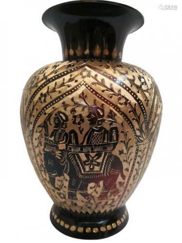 Handmade Wide Neck Vase with Indian Carvings