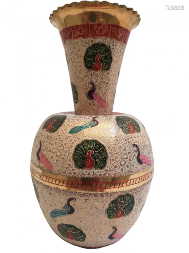 Exotic, pure brass vase with lovely peacocks