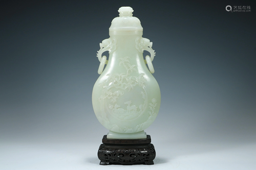 Qing Hetian white jade crane and deer in spring