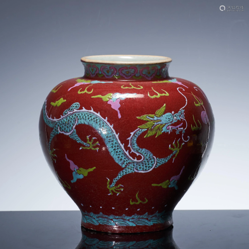 Red glazed dragon shaped pot in early Qing Dynasty