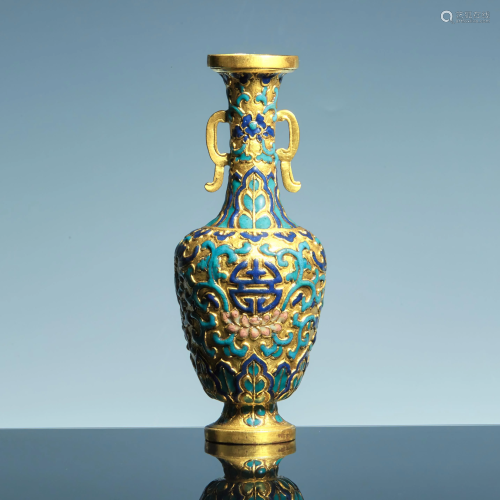 Qing Dynasty Qianlong copper gilded double eared vase