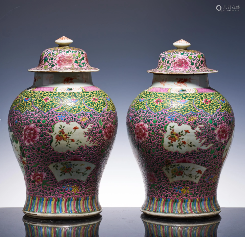 A pair of Qing Dynasty famille rose flower general cans