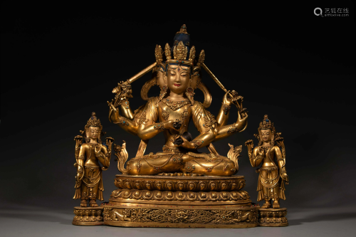 A gilt bronze figure group of Guhyasamaja vajra, H 44