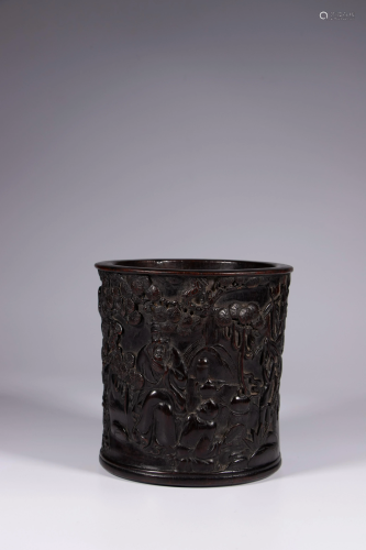 A zitan brush pot, carved with figures H 14 cm - W 14