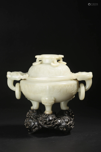 A white jade carving of censer and cover, W 20 cm - H