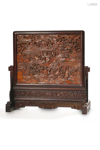 A carved zitan wood table screen, W 52 cm - H 52 cm -
