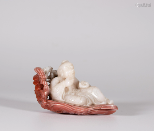 A carnelian agate carving group of crane and figure, L