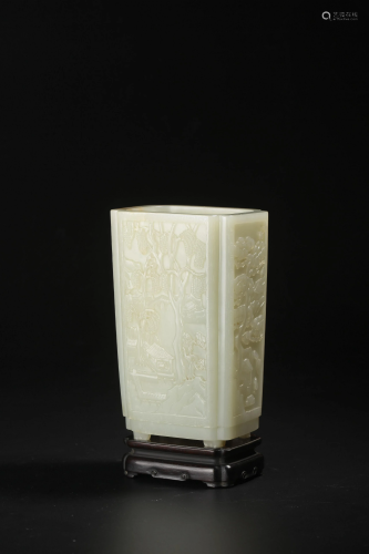 A carved white jade brush pot, W 8,5 cm - H 13.7 cm -