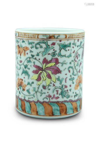 A famille rose 'Peony' brush pot