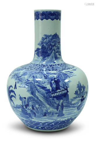 A blue and white bottle vase, decorated with Immortals