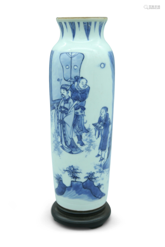 A blue and white sleeve vase, decorated with court