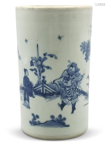 A blue and white brush pot, decorated with court