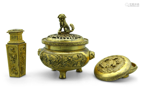 A collection of gilt bronze scholar's items