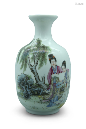 A famille rose bottle vase, decorated with beauties, H