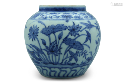 A blue and white jar, decorated with a lotus pond, H