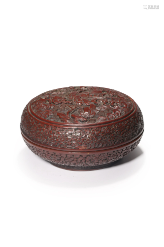 A carved cinnabar lacquered round box and cover, W 21,5