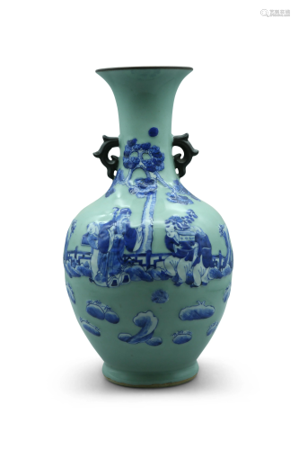 A celadon-glazed vase, blue and white decorated with an