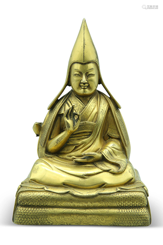 A gilt bronze figure of Tsjongkhapa, H 16 cm