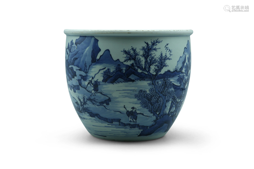 A blue and white fish bowl, decorated with a figure in