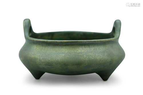 A bronze censer with upright handles, H 8,5 - Dia 13,8