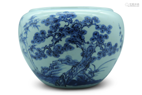 A blue and white jar, decorated with pine, bamboo and