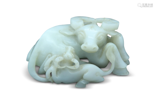A white jade carving of an ox group, H 5,5 L 12 cm