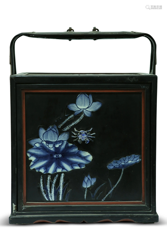 A black lacquered carrier box, inlaid with blue and