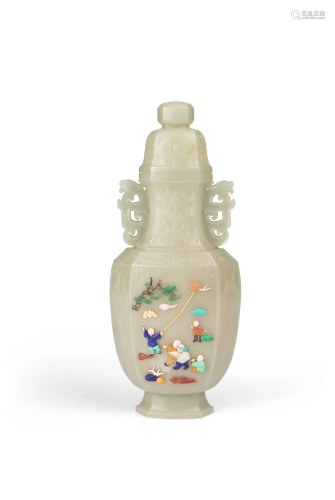 A carved white jade vase and cover, applied with