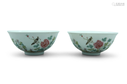 A pair of famille rose bowls, decorated with birds and