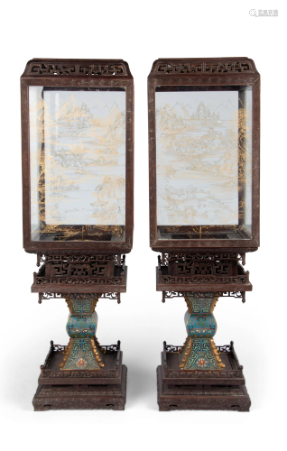 A cloisonné enamel and carved wood lantern, H 68 cm -