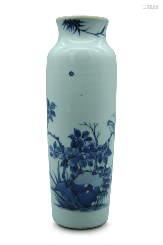 A blue and white 'flowers and birds' cylinder vase, H