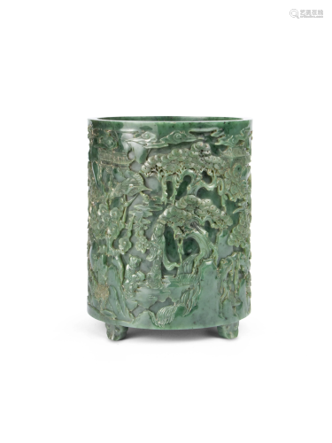 A Chinese carved emerald jade brush pot, H 21 cm - Dia
