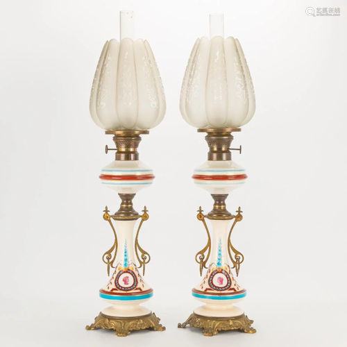 A pair of oil lamps made of bronze mounted opaline