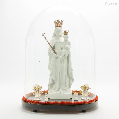 A glass dome with biscuit porcelain statue with Mary