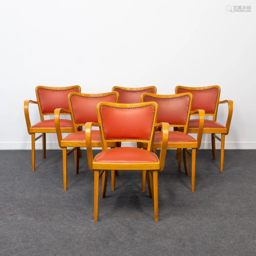 A set of 6 mid-century armchairs, made of wood with