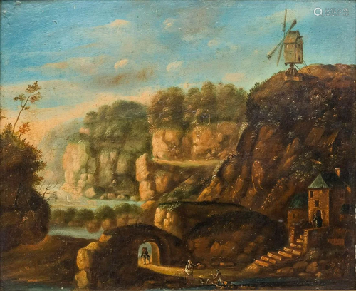 No signature found, an antique landscape of a windmill