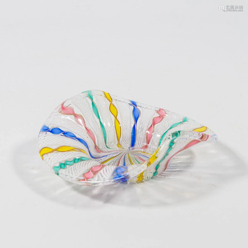 A small plate/bowl made with colored glass filigree and