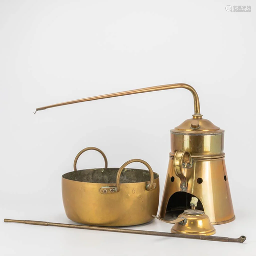 An antique water siphon, kettle and opium pipe made of