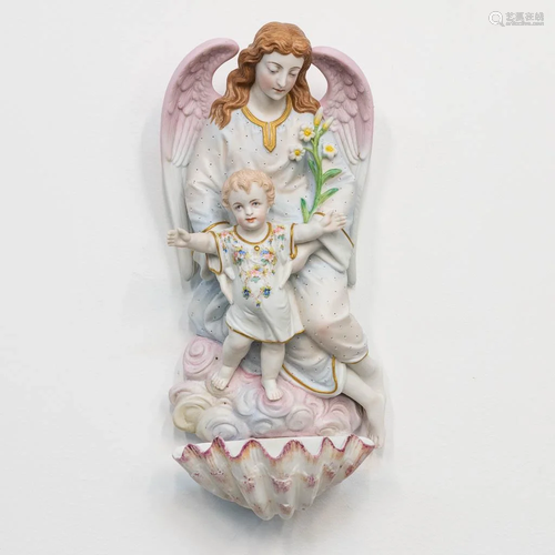 A biscuit porcelain holy water font in the shape of an