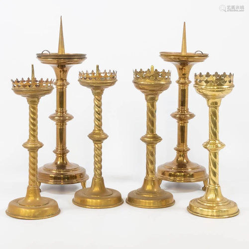 A collection of 6 antique church candlesticks,