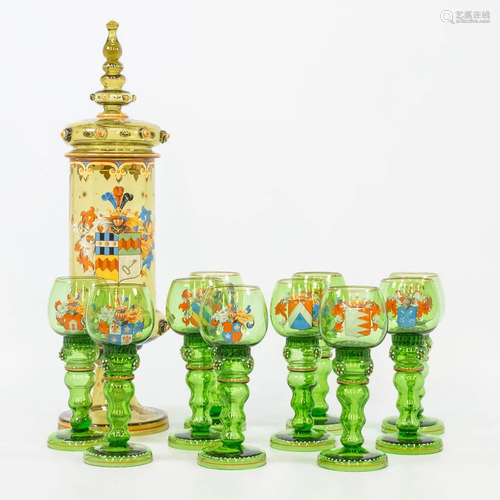 A set of 10 glasses and a decanter with hand-painted