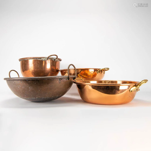 A collection of 4 antique copper cooking pots for jam.