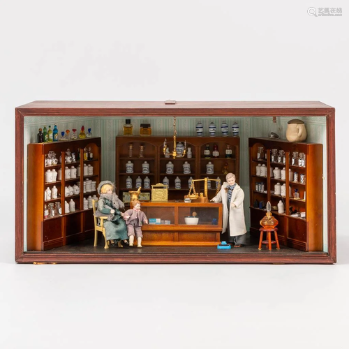 A vintage Diorama interior view of a pharmacy. The