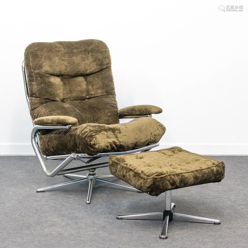 A mid-century lounge chair with ottoman, made of