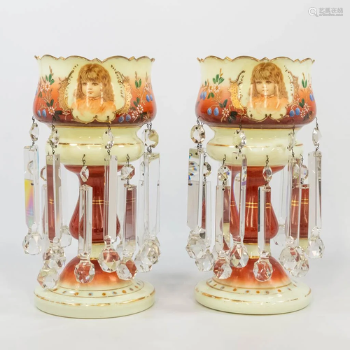 A pair of glass lustres, with hand-painted flowerdecor