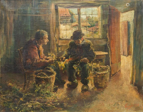 An antique interior with 2 farmers, oil on canvas.