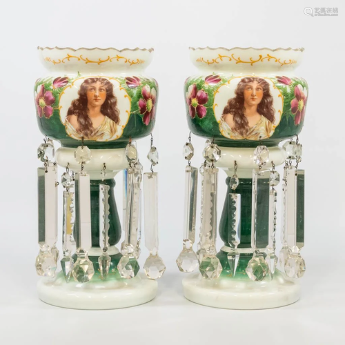 A pair of glass lustres, with hand-painted flowerdecor