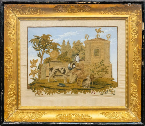 An embroidery on paper behind glass, in an empire style